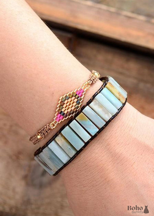 Pulsera Boho, Pulsera de Cuero, Amazonita Azul